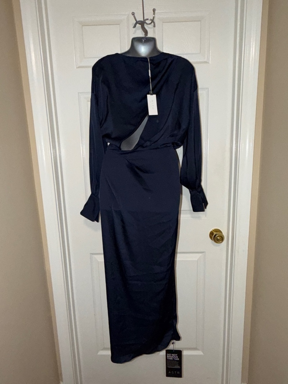 ASTR The Label Midnight Blue Satin Wrap Midi Dress Cutout NWT Small - Picture 4 of 8